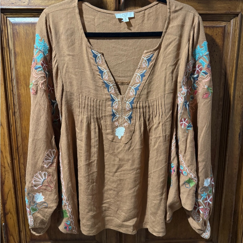 Easel Tan Blouse with Colorful Embroidery